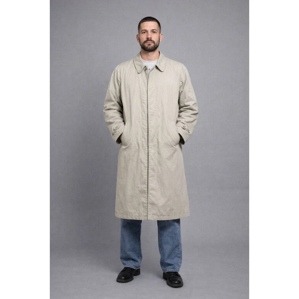 Vintage London Fog Trench Coat Mens 40 XL Long Beige Classic Minimal Overcoat
